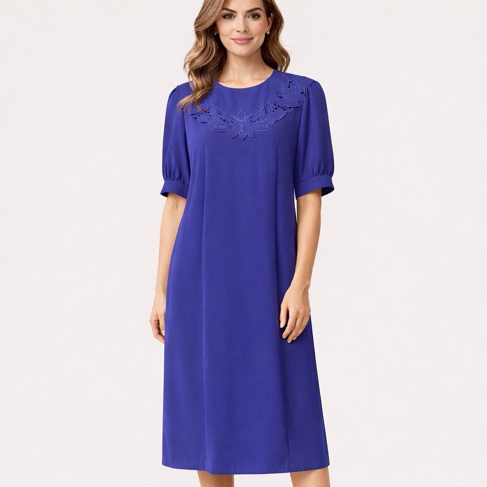 Vintage Cassidy Royal Blue Dress‎ Cutwork Appliqué Collar Modest